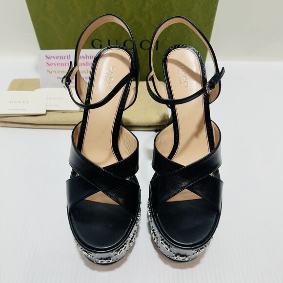 Gucci Janaya Black Interlocking G Studs 40.5/ US 10.5 Heels Platform Sandals NIB - Picture 9 of 16